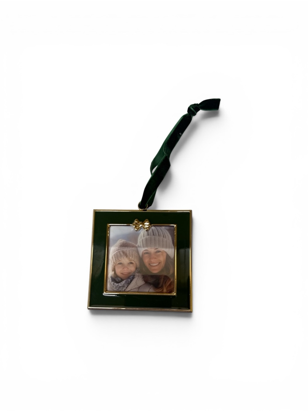 Green Enamel Gold Trimmed Photo Ornaments with Ribbons